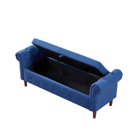 Linen Storage Rectangular Sofa Stool Rolled Arms Bench with Solid Wood Feet