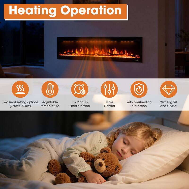 76" 1500W Modern Inserted Wall Mounted Linear Smart Electric Fireplace Heater with APP Control and Remote