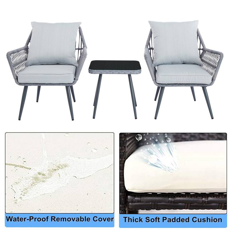 3 Piece Patio Bistro Set, Outdoor Patio Chairs with Glass Top Table