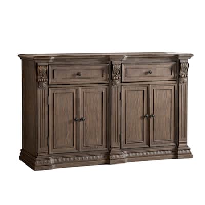 4 Doors and 2 Drawers Wooden Server with Fluted Posts in Weathered Oak