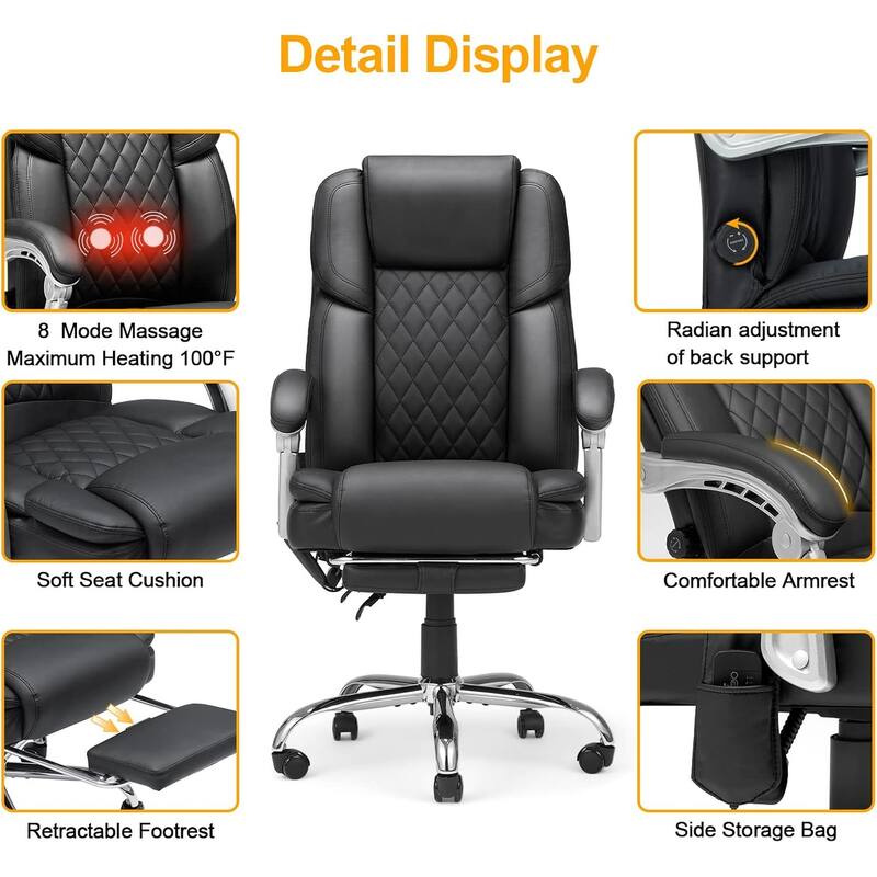 EROMMY Ergonomic Heated Massage Office Chair with Lumbar Support, Reclining Backrest, 2/4/6-Point Massage