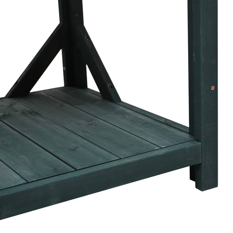65" Large Wooden Farmhouse Rustic Outdoor Potting Bench Table, Patio Workstation with 4 Storage Shelves and Side Hook