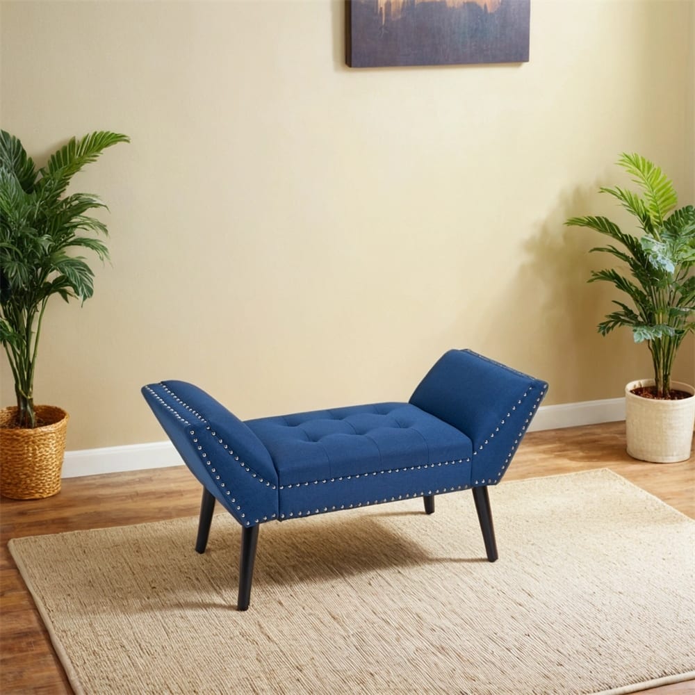 Modern Button Tufted Sitting Bench,Accent Fabric Upholstered Ottoman - Blue