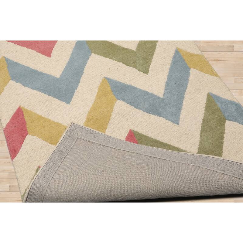 3x5 Oriental Rug with Chevron Patterns Ivory Wool Hand Tufted - 3' x 5'
