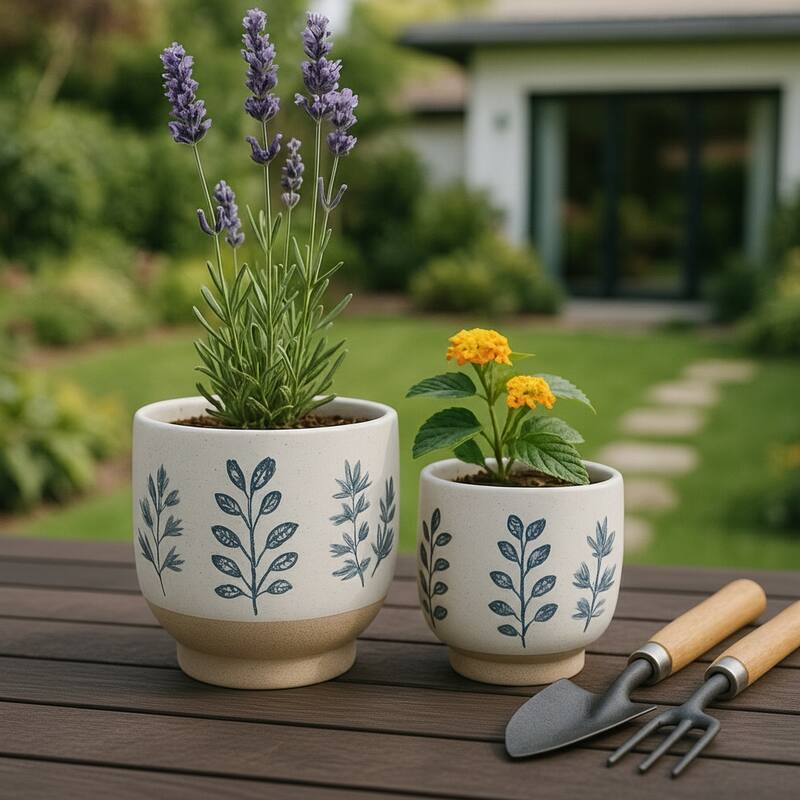 Stoneware Planters Botanical Detailing and Textured Design (Set of 2) - Blue - 8.0"