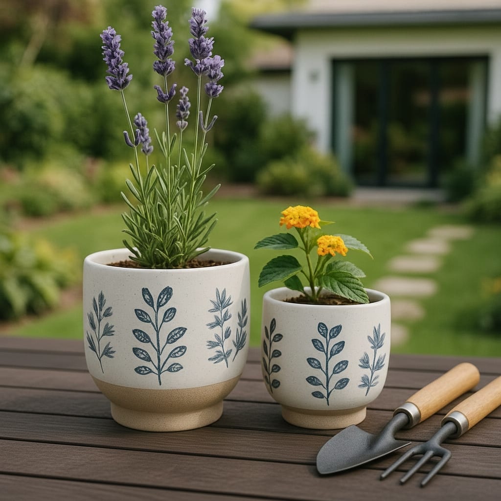 Stoneware Planters Botanical Detailing and Textured Design (Set of 2)