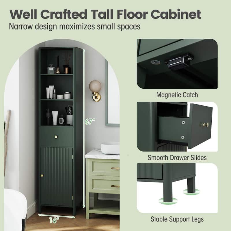 Modern Tall Bathroom Storage Cabinet with Drawer Adjustable Shelves and Wave Fluted Door Green - 16" x 12" x 67"