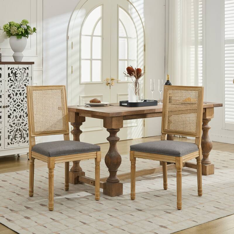 GDF Studio - French Modern Wood Dining Chairs with Rattan Backrest, Upholstered Seat, Set of 2 with Carved Frame