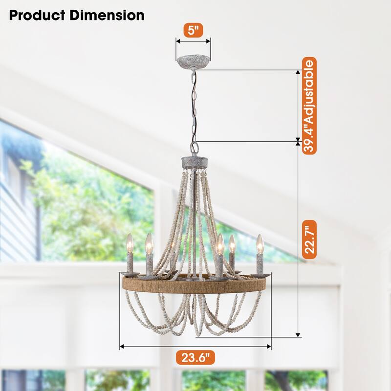 Coastal 6-Light Wood Beaded Wheel Candle Chandelier - 21.7-in W x 22.7-in H
