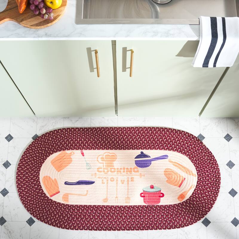 SAFAVIEH Handmade Braided Kitchen Poster Georgica Rug - 1'8" x 4' Oval - Ivory/Burgundy Red - 1'8" x 4' Oval
