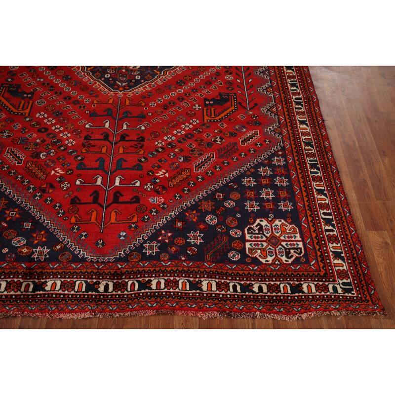 Hand Knotted Oriental 100% Wool Carpet Traditional Tribal Red Shiraz Area Rug - 9' 8'' X 6' 7''