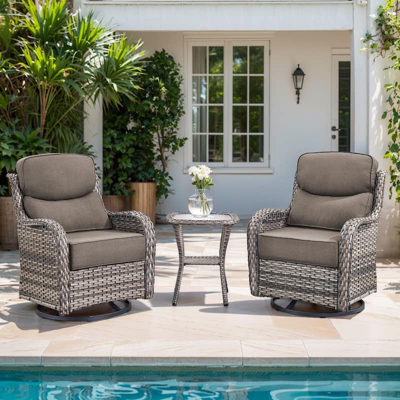 Gymojoy 3-Piece Patio Swivel Glider Chair Set with Side Table, 6-Inch Ultra-Plush Cushions & Water-Resistant Olefin Fabric - Grey Wicker / Grey Cusion - 3-Piece
