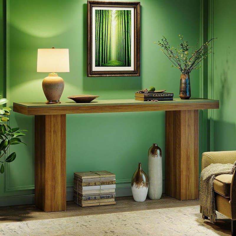 Brown Engineered Wood Console Table with Farmhouse Design and Storage - 62.9” L x 19.6” W x 41.3” H