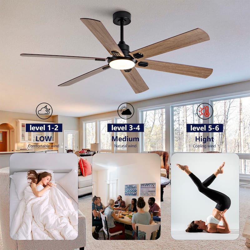 Smart 60" Indoor/Outdoor Ceiling Fan with Light, Dual Finish Black/Walnut 6-Blade, Remote Control, Dimmable LED