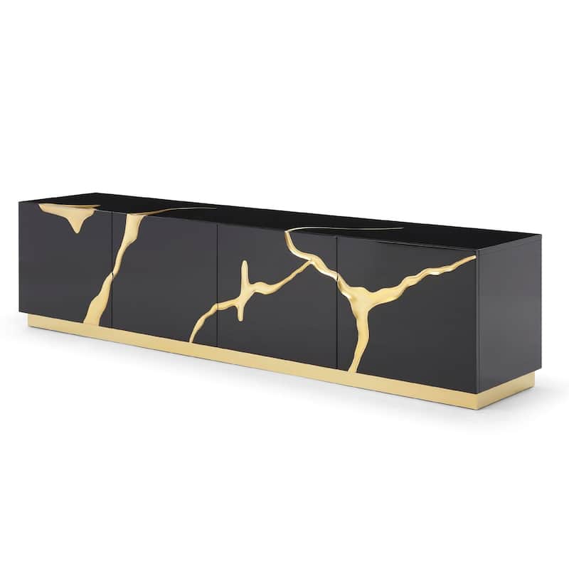 Cid Exie TV Stand Console, Modern Black with Gold Vein Design, 87 Inch