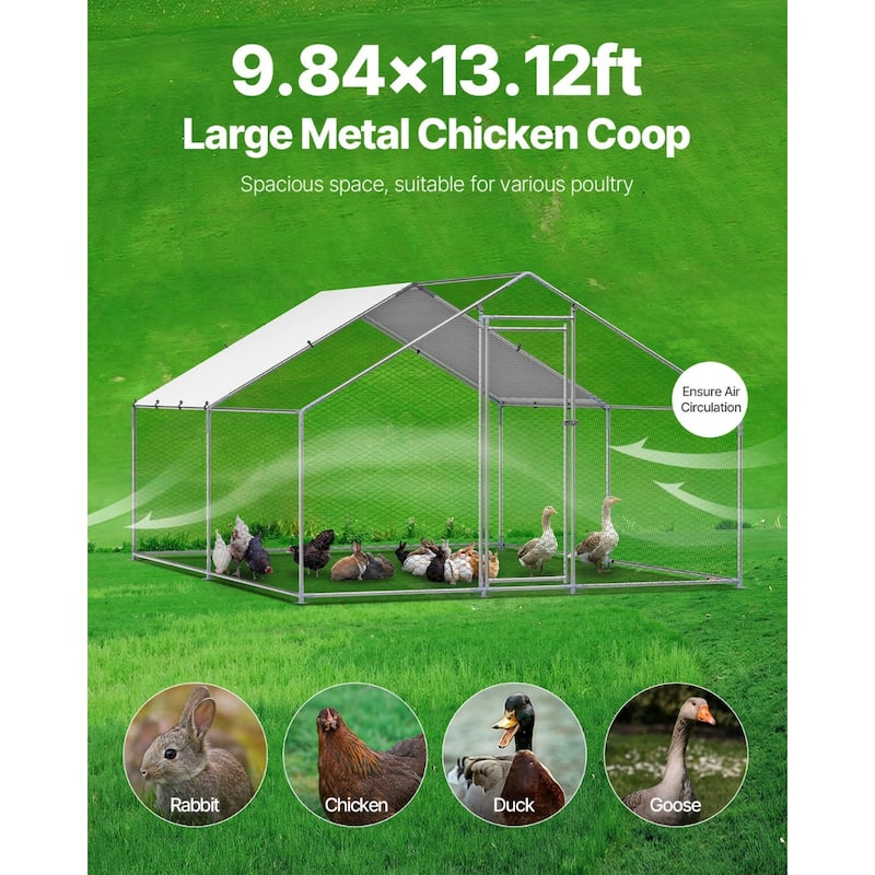 Silver Galvanized Steel Chicken Coop with Protective Net and PE Tarp Cover