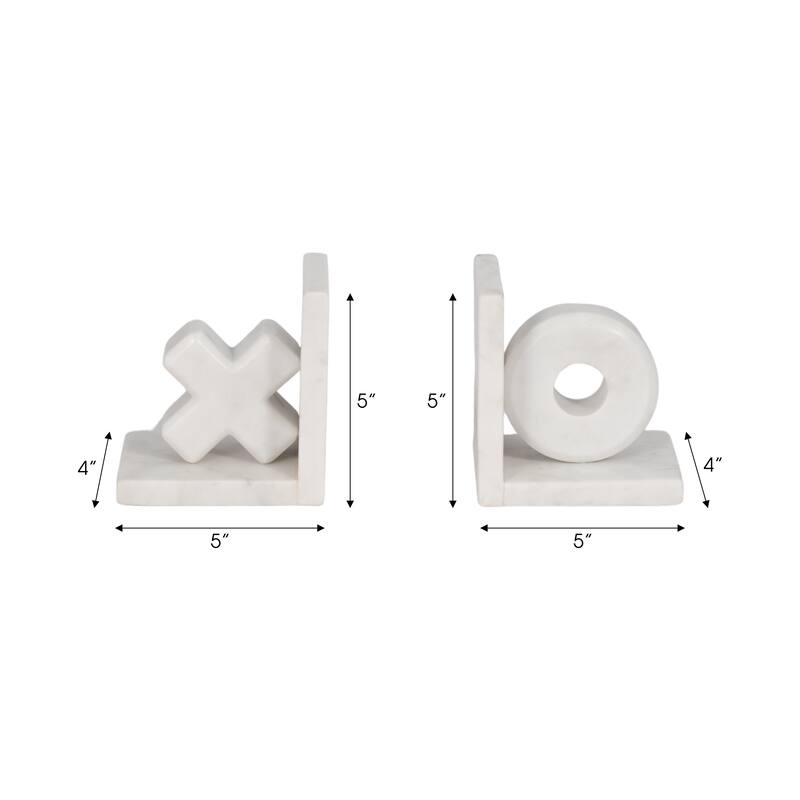Sagebrook Home Chic Marble X and O Bookends, Sophisticated White, 5-Inch - Elevate Your Shelves, Set of 2 - 5" x 4" x 5"