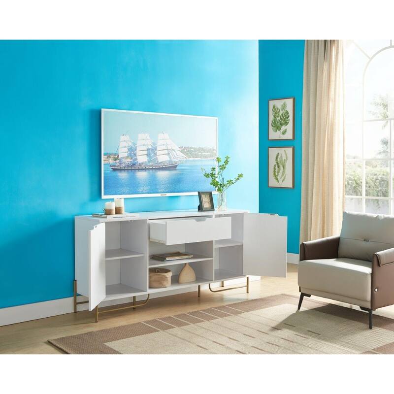 Buffet with Two Cabinets One Drawer with Six Shelves on Metal Legs - White & Gold