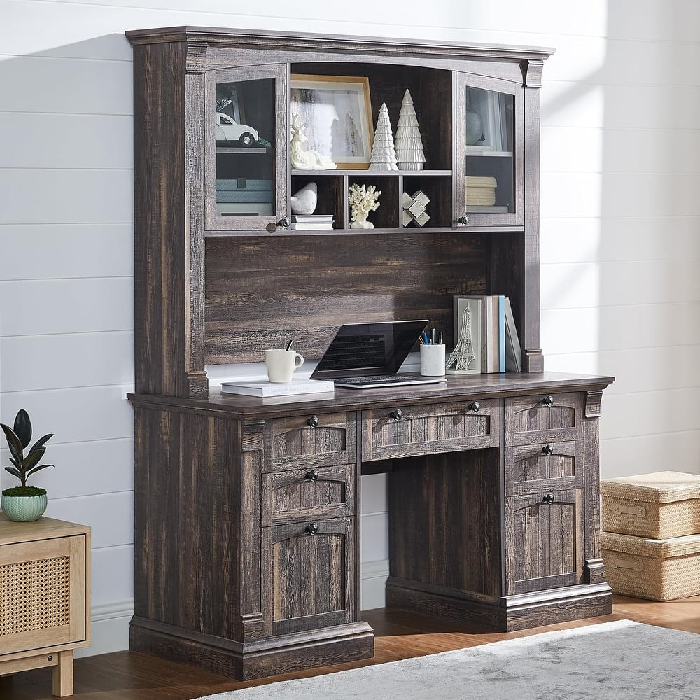 Farmhouse Computer Desk with Hutch, Wood Home Office Desk