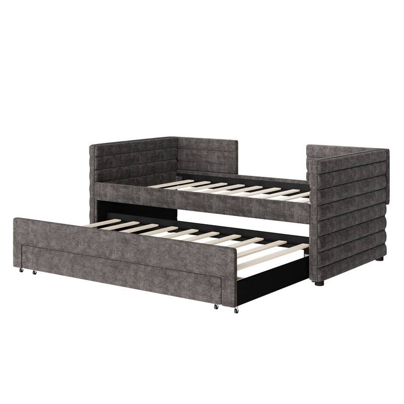Twin Size Linen Upholstered Daybed with Trundle and 3 Drawers