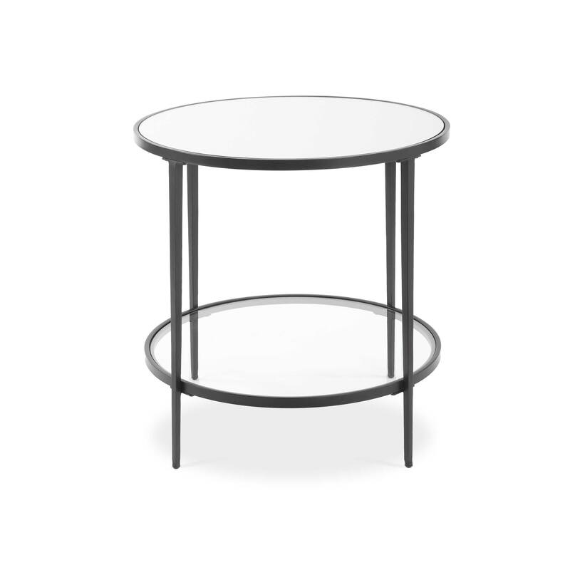 Lify Side End Table, 24 Inch Round Mirrored Top, Open Shelf, Black