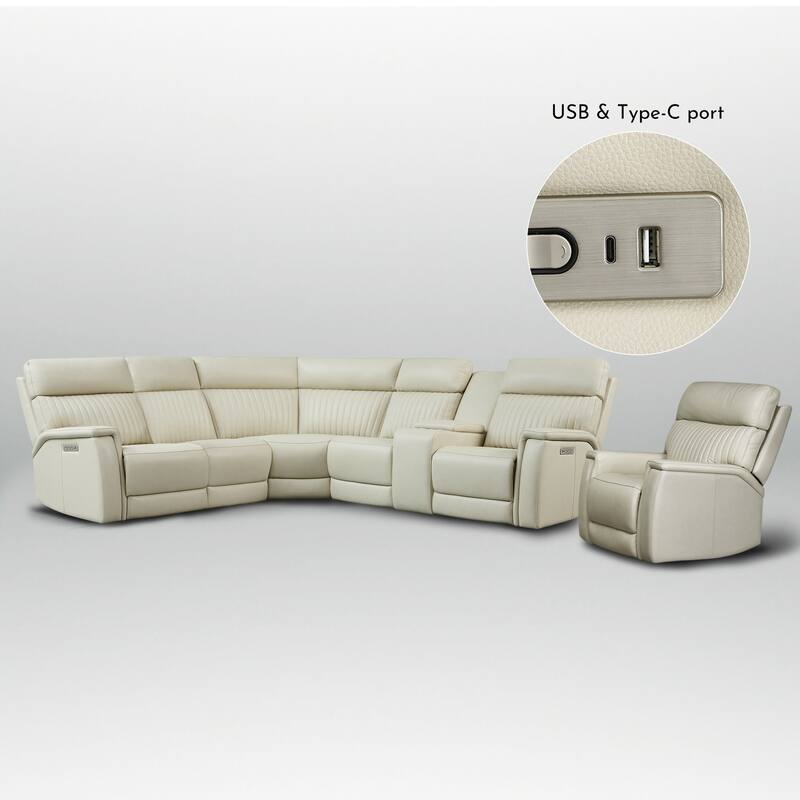105" W Genuine Leather Power Sectional with Recliner Sofa Set with Single Console, USB&USB-C Ports, 1 Power ArmlessChair