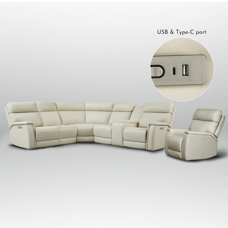 105" W Genuine Leather Power Sectional Sofa Set with Power Headrest & Lumbar, Single Console, USB&USB-C Ports