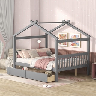 Full Size Wooden House Bed with Drawers