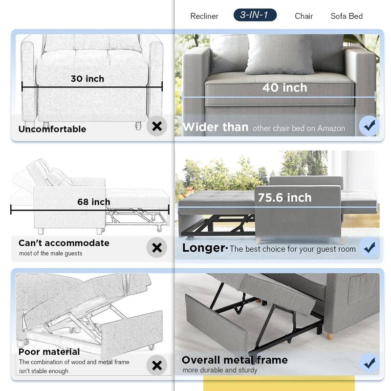 AECOJOY Adjustable Sleeper Chair Bed 3-in-1 Convertible Futon Sofa