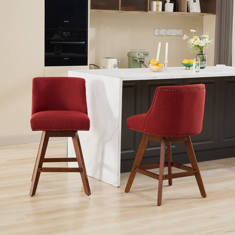 Counter Height Bar Stools Set of 2, Swivel Bar Stools with Curved Back, Upholstered Dining Chairs with Solid Wood Legs