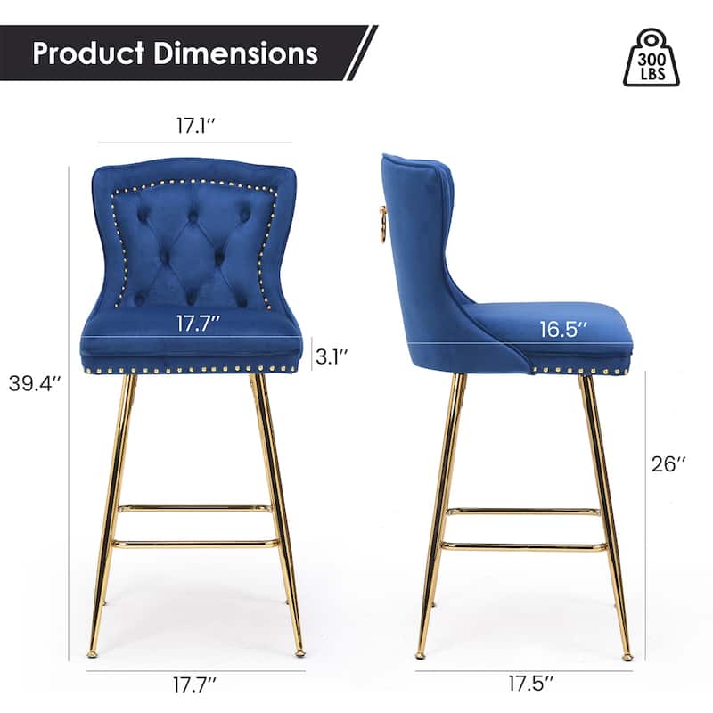 Bar Stools Set of 2, Velvet Counter Height Bar Stools with Metal Legs, Button Tufted and Nailheads Trim, Wing-Back Bar Chairs