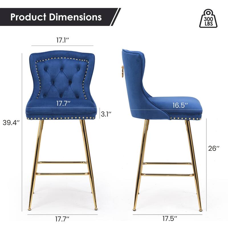 Set of 2 Royal Blue Velvet Wingback Bar Stools, Button Tufted with Nailhead Trim & Metal Legs
