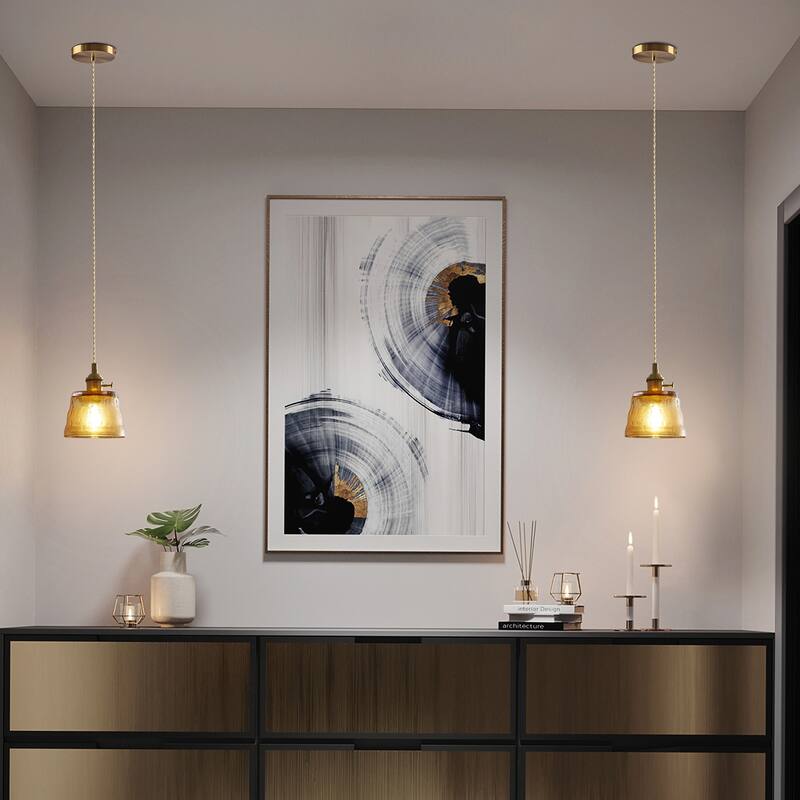 1-Light Vintage Pendant Light Amber Glass Pendant Light