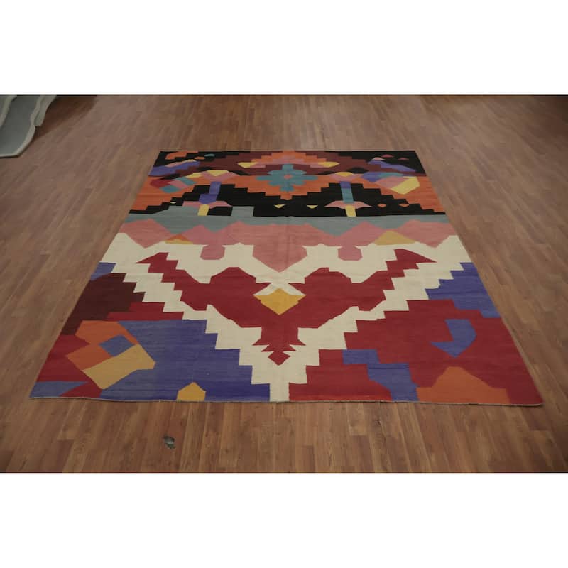 Hand Woven Oriental 100% Wool Carpet Southwestern Modern Multi-Colored Kilim Area Rug - 9' 11'' X 8' 2''