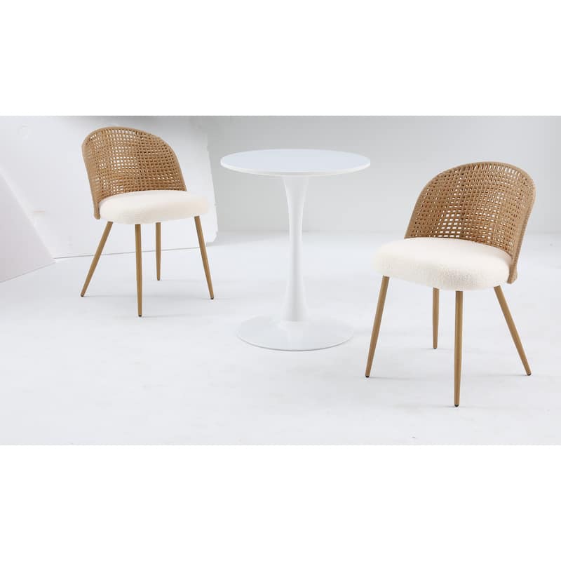 white round dining table with an elegant tulip-shaped steel base and a 24-inch medium-density fiberboard tabletop