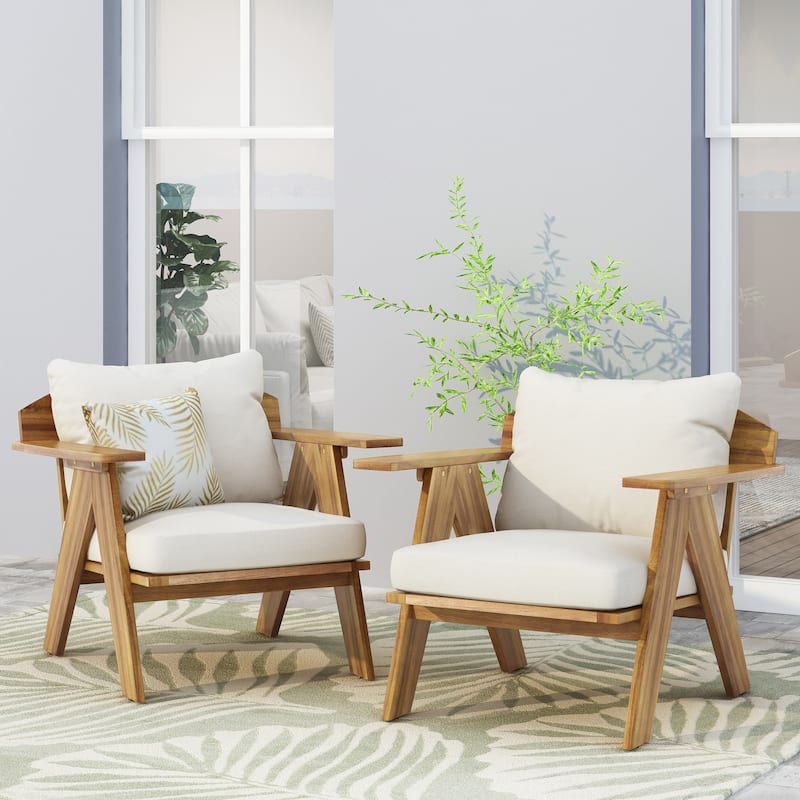 2 Piece Outdoor Patio Acacia Wood Club Chairs Set with Beige Cushions