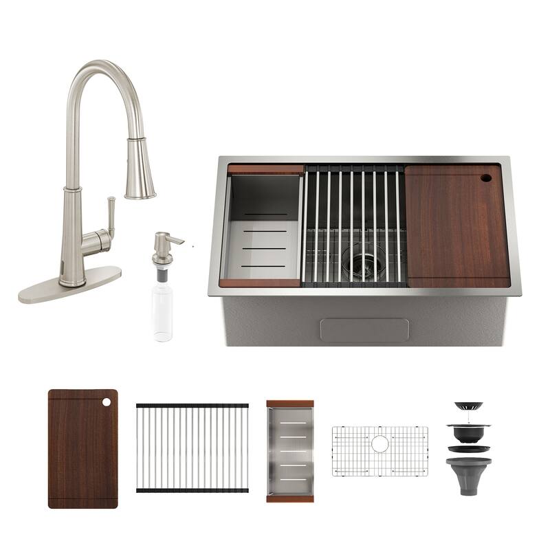 Nano Brushed Stainless Steel Undermount Workstation Kitchen Sink with Touchless Pull-Down Kitchen Faucet and Accessories - 36" Sink + 2-Spray Brushed Nickel Pull-Down Faucet - 36 x 19 x 10