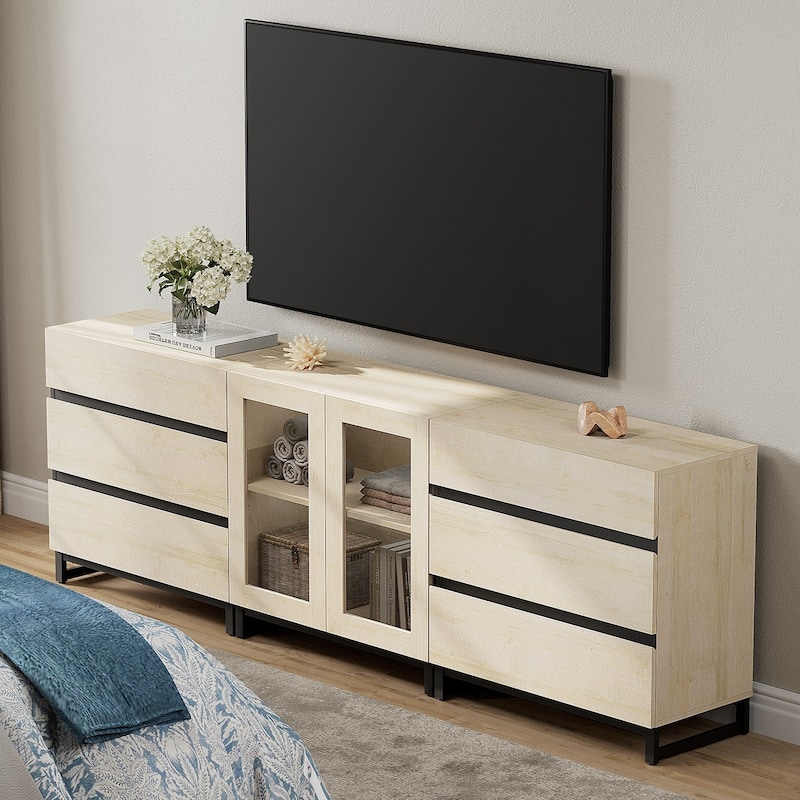 WAMPAT 3 in 1 Multifunctional Dresser with Glass Doors and 6 Drawers, Modern Chest of Drawers for Bedroom