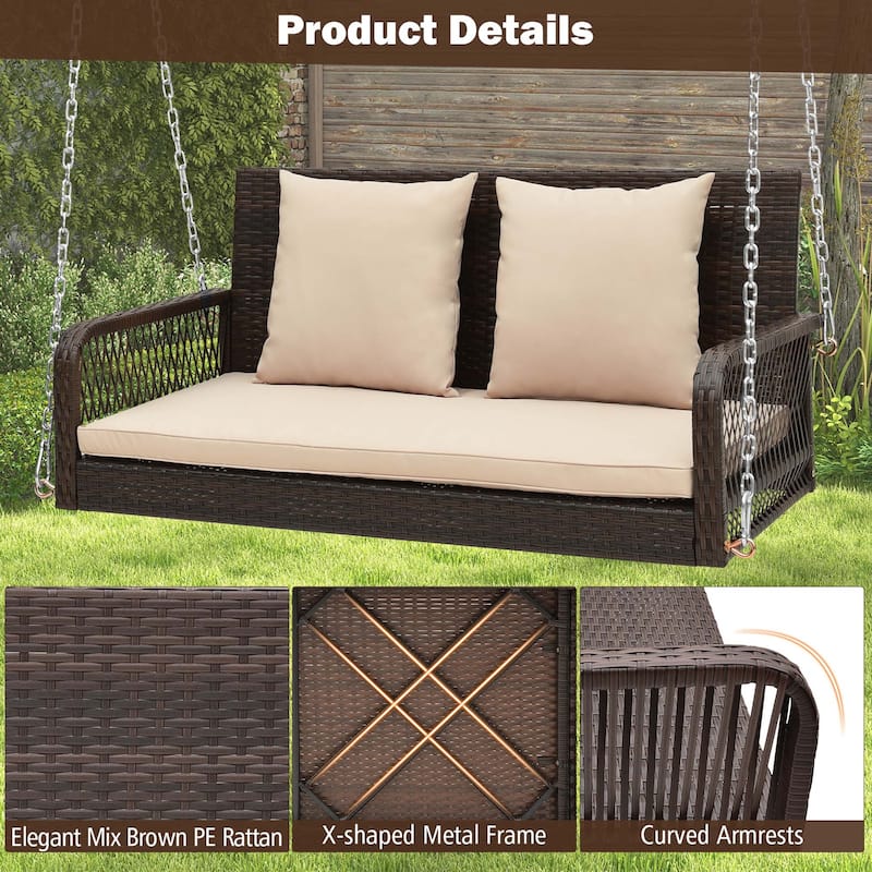 Patio Wicker Porch Swing 2-Person Hanging Loveseat Bench w/ Cushions