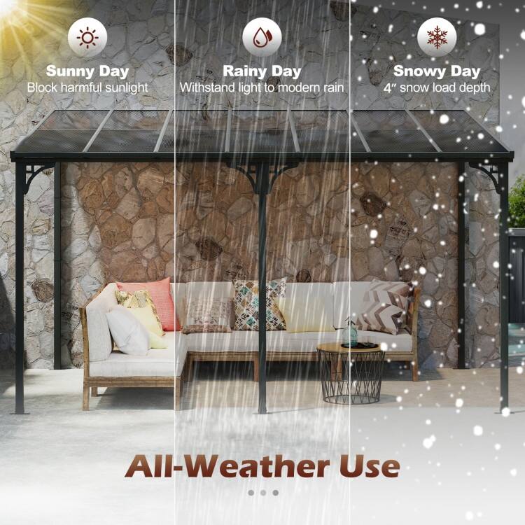 Natural-Black Polycarbonate Metal Wall-Mounted Patio Gazebo 10x13ft