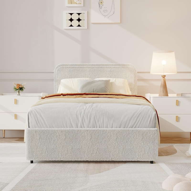 Boucle Upholstered Bed Frame, 2 Storage Drawers - Full