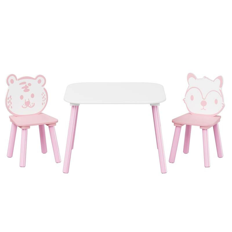 Anmytek Toddler 3-Piece Wooden Table and Chair Set Kids Activity Desk with Animal Backrest for Playroom Nursery