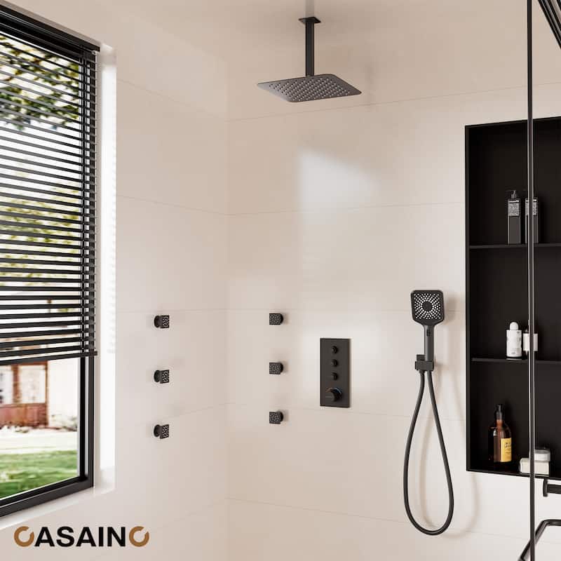 Luxury Thermostatic Shower System 3-Spray Patterns Ceiling Mount Fixed Shower Head and Handheld Spray with 6 Body Jets