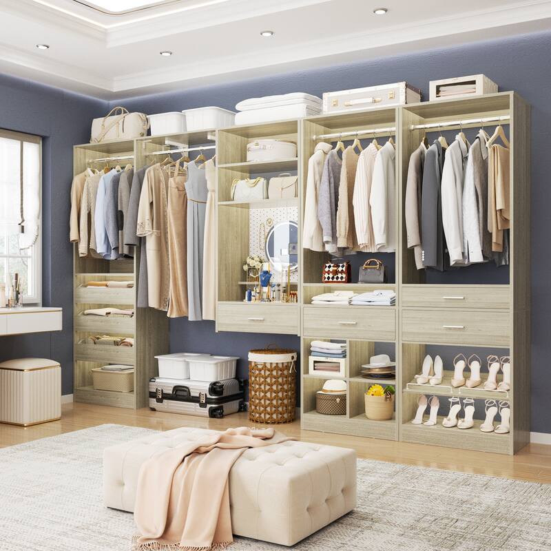 135" Set of 4 Closet System with 7 Drawers and 4 Hanging Rods, Heavy Duty Walk-In Closet Organizer with Adjustable Shoe Rack