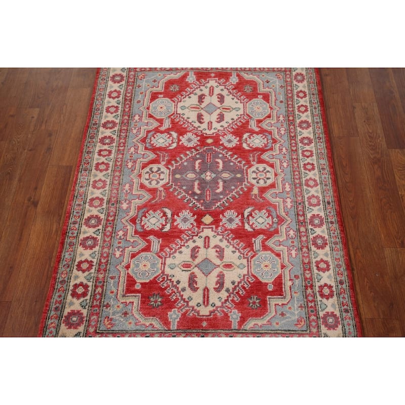Geometric Red Kazak Accent Rug Hand-Knotted Foyer Wool Carpet - 2'10" x 4'3"