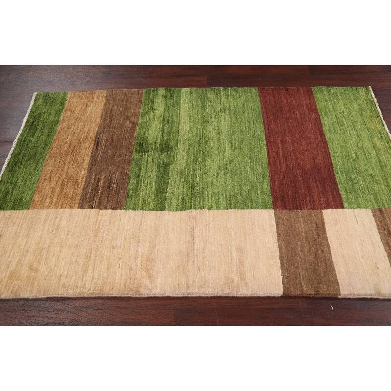 Hand Knotted Oriental 100% Wool Carpet Tribal Contemporary Green Gabbeh (kashkoli) Area Rug - 5' 1'' X 3' 5''