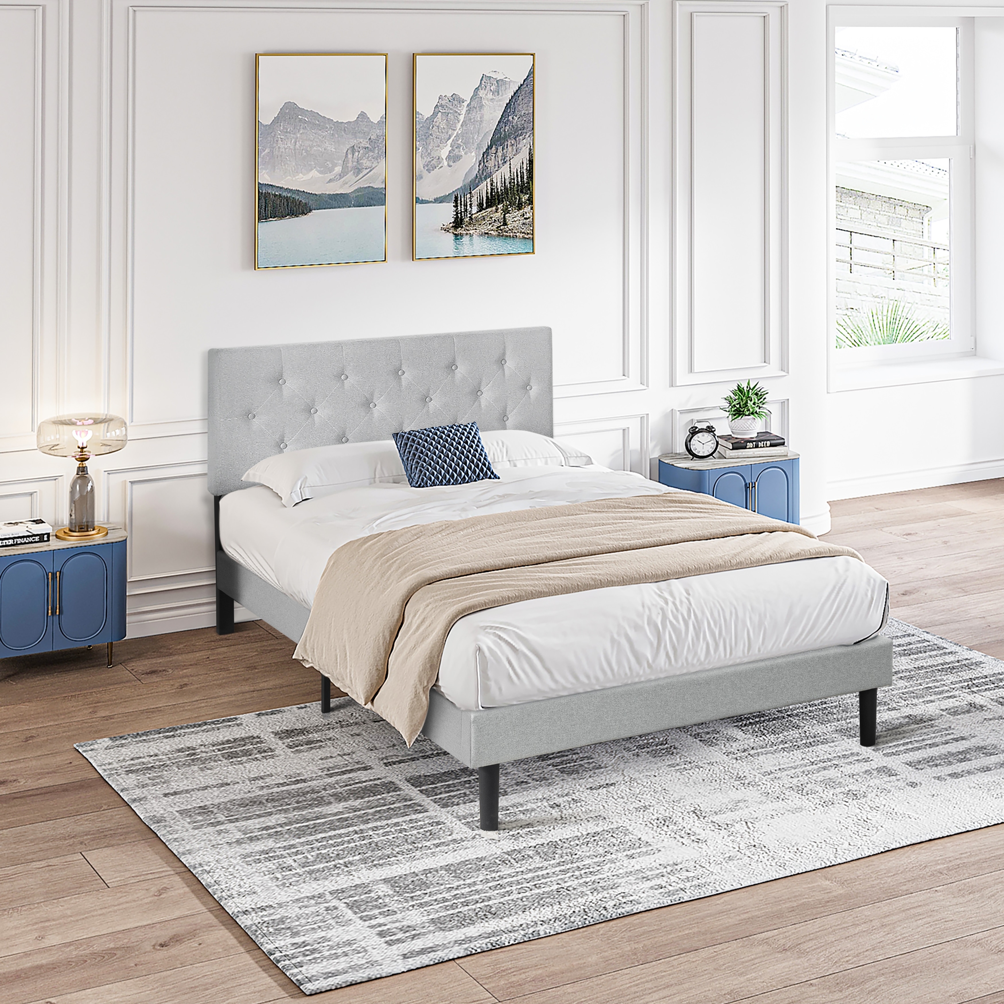 Queen Size Upholstered Platform Bed Frame with Button Tufted Linen Fabric Headboard, No Box Spring Needed, Wood Slat Support