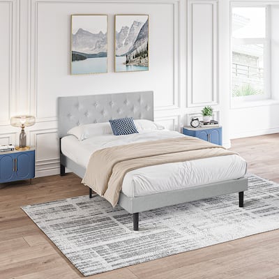 Queen Size Upholstered Platform Bed with Tufted Linen Headboard, Wood Slat Support, Tool-Free Assembly, No Box Spring Required