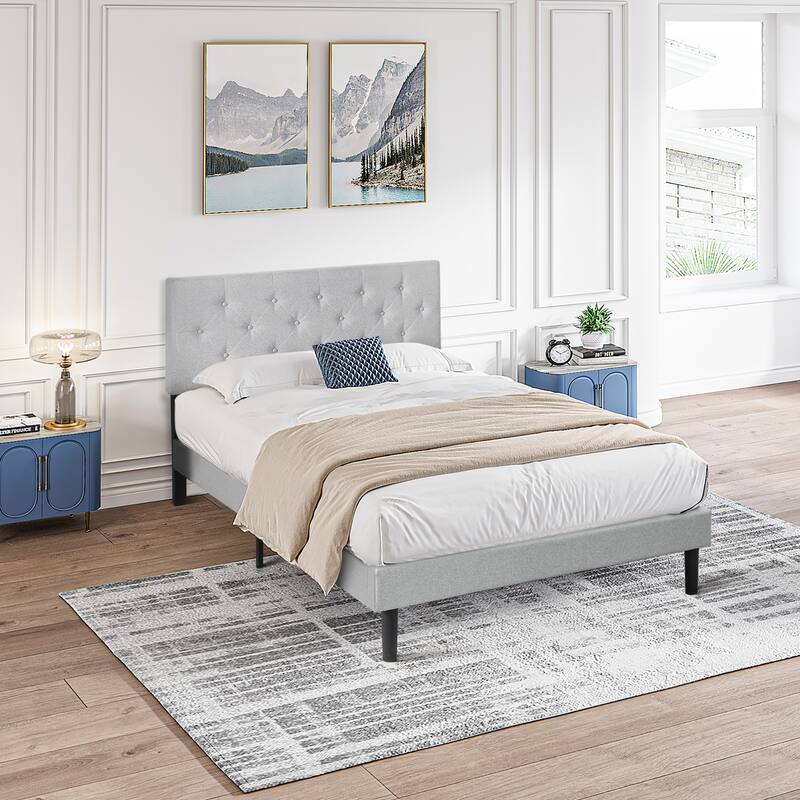 Upholstered Platform Bed Frame with Button Tufted Linen Fabric Headboard - LIGHT GREY - Queen