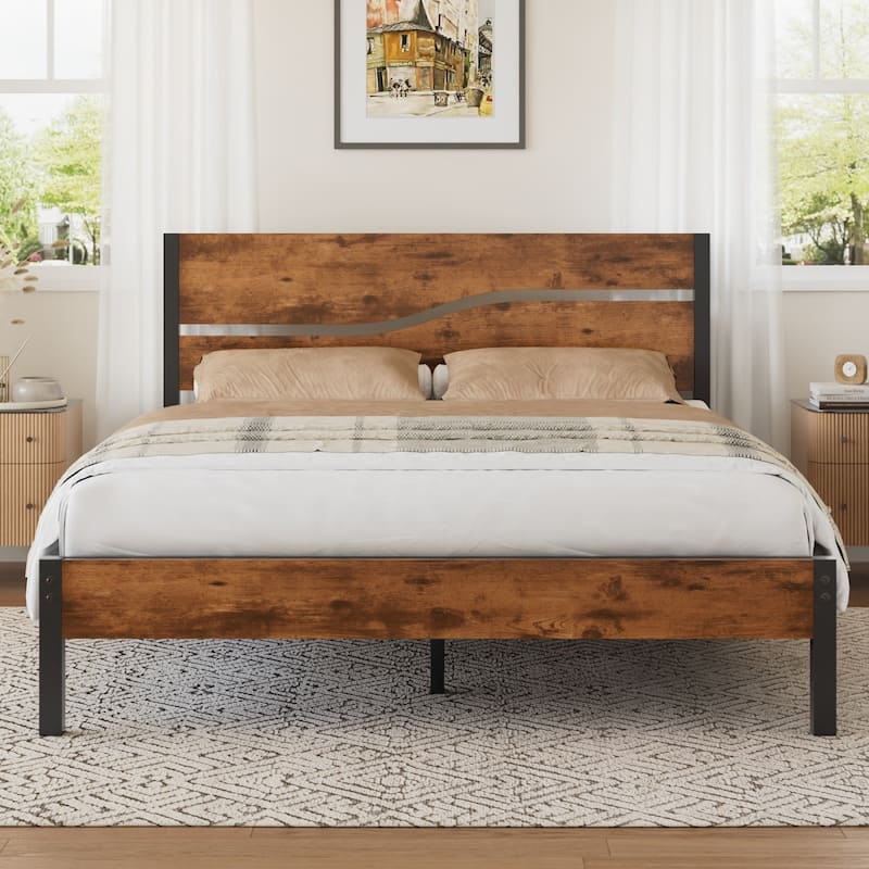 Javlergo Metal Platform Bed Frame with Wooden Headboard and Footboard Farmhouse Rustic Platform Bed Frame No Box Spring Needed - Brown - Queen